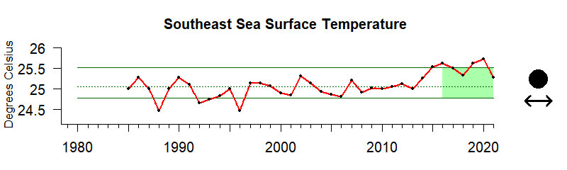 graph of annual mean sea surface temperature for the Southeast US region from 1980-2020